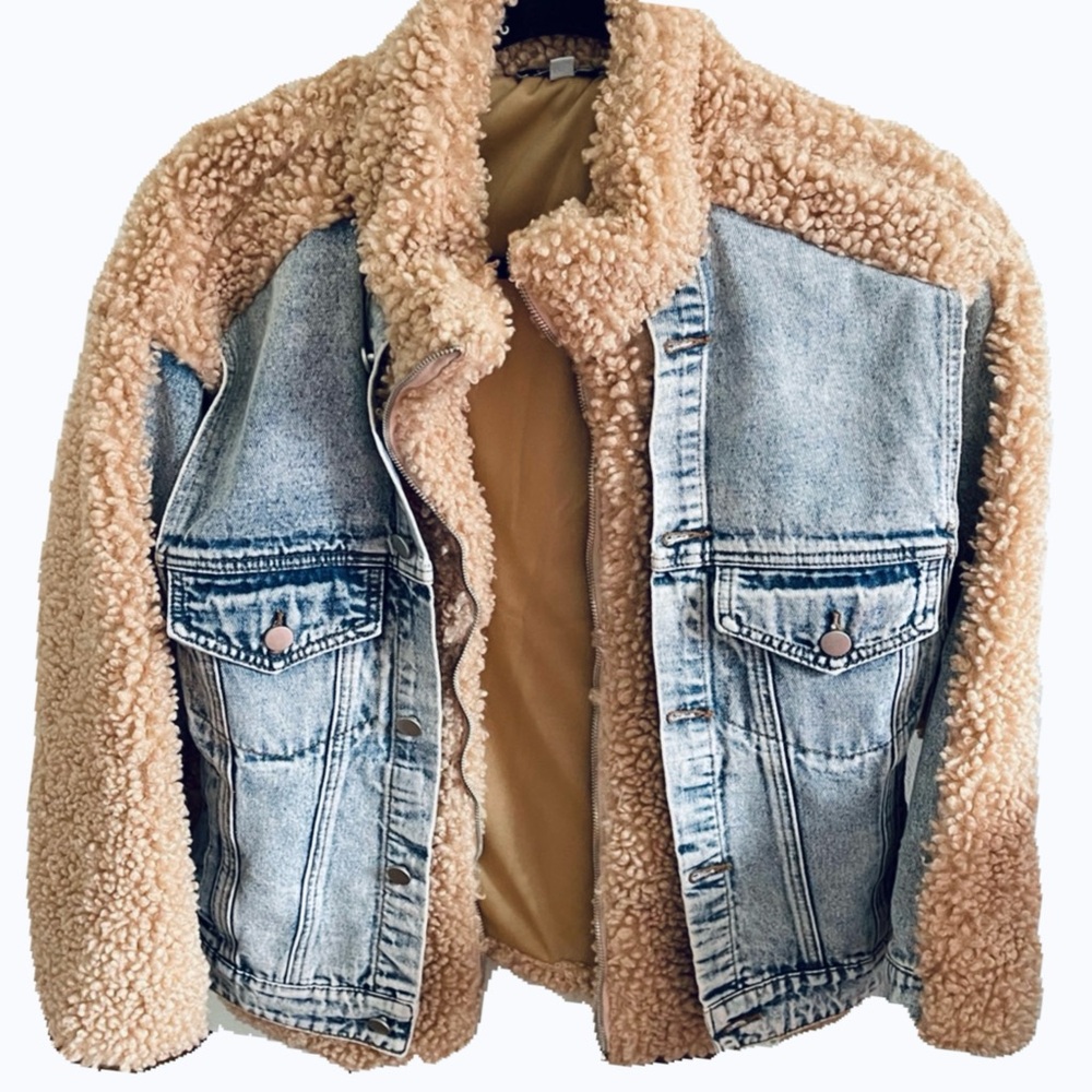 Anthropologie Fuzzy Wuzzy Bear Hug Denim Sherpa Jacket